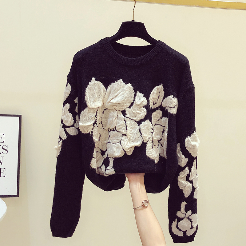 2022 Spring Embroidery Floral O-neck Sweater Women Modis Vintage Long Sleeve Knitted Pullover Loose Black Tops alx