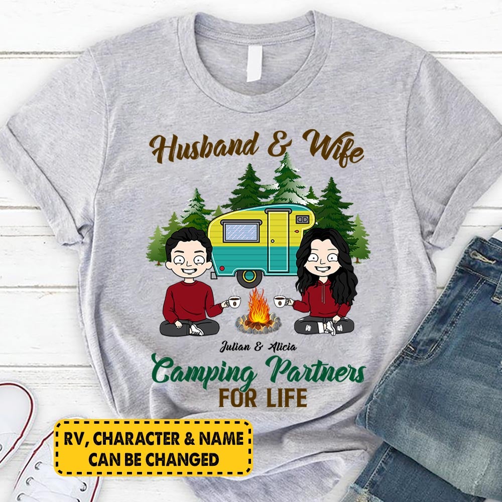 Personalized Camping Couple Shirt Husband And Wife Camping Partners For Life Funny Shirt