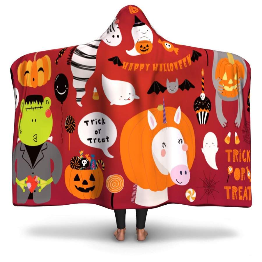 Cute Animals Koala, Unicorn, Zebra, Frog In Costumes, Ghosts, Pumpkin, Candy With Halloween Hooded Blanket