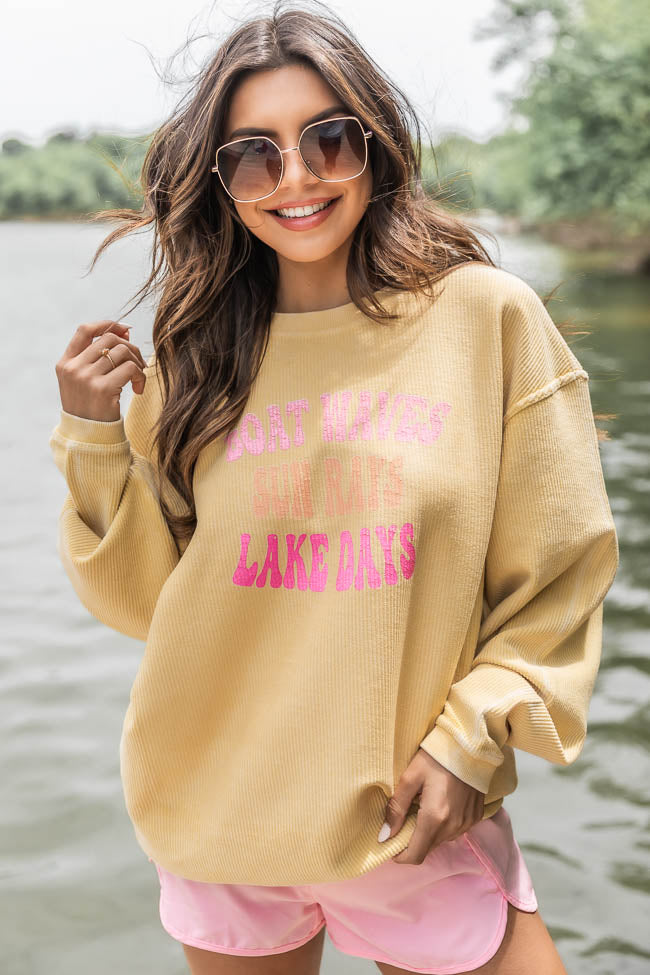 Boat Waves Sun Rays Lake Days Gold Corded Graphic Sweatshirt