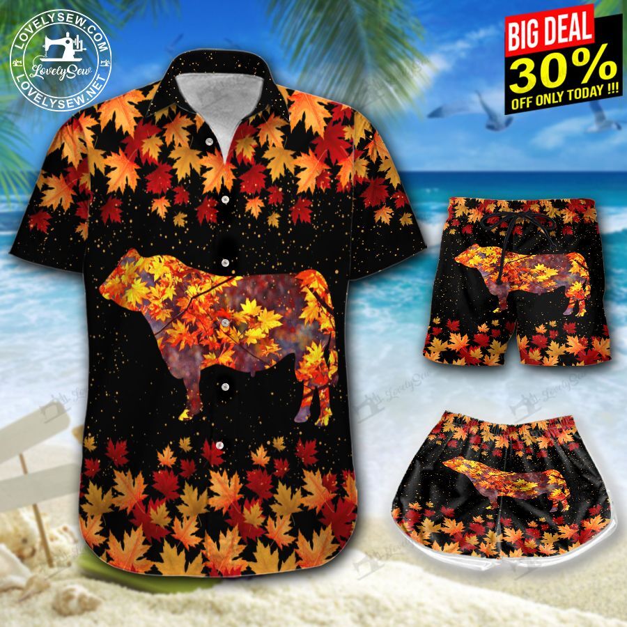 Angus Cattle Fall Leaves Hawaiian Shirt Shorts Ha108425