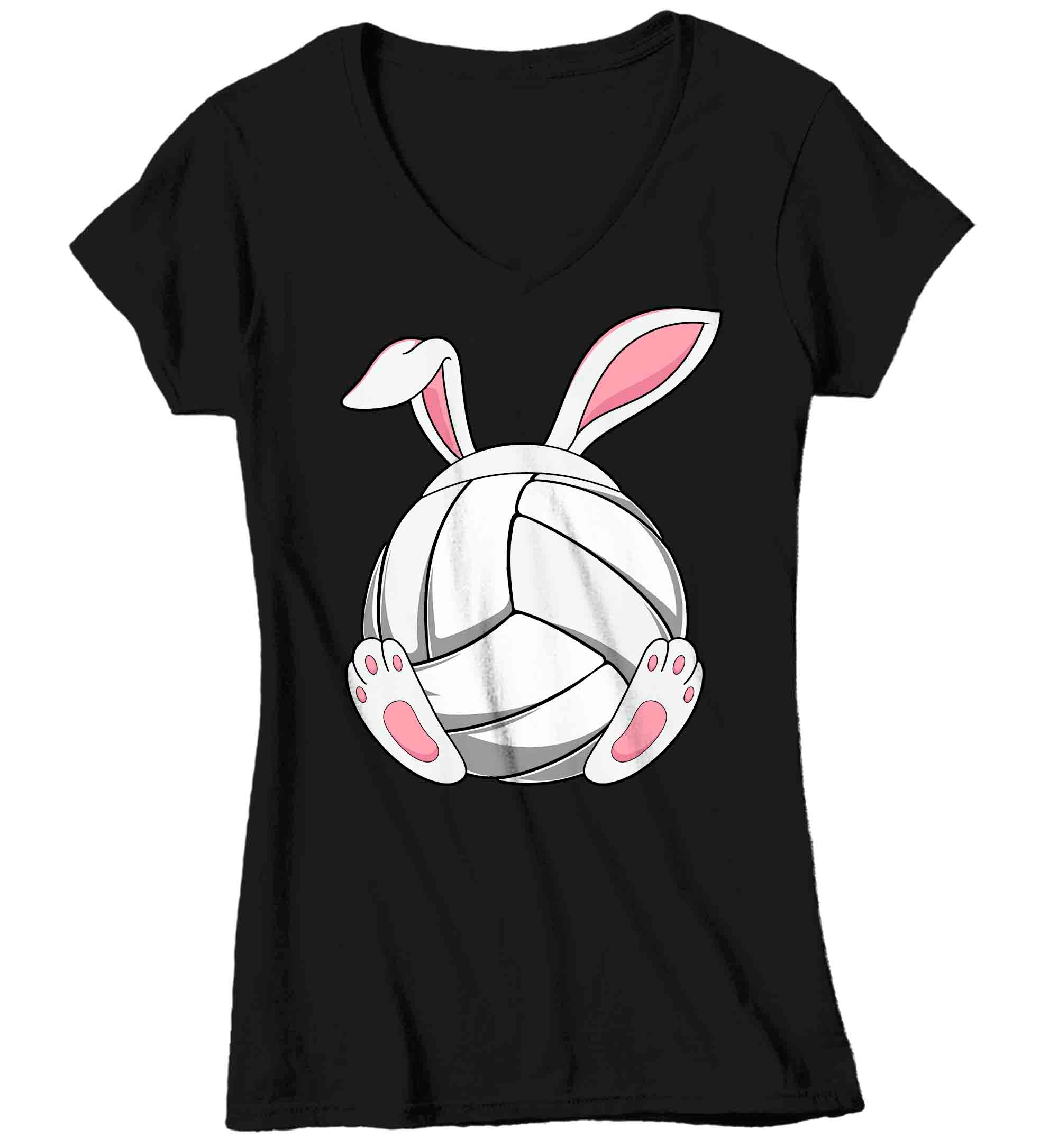 Women’S V-Neck Funny Easter T Shirt Volleyball Bunny Shirt Rabbit Ears Feet Volleyball Coach Gym Teacher Tshirt Gift Easter Tee Ladies Woman