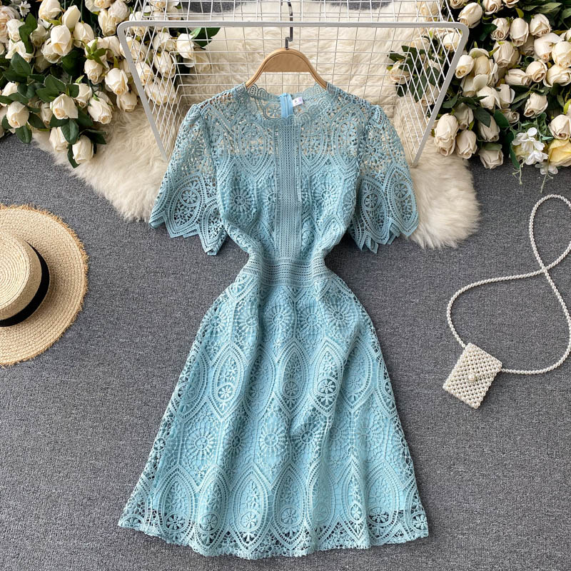 Women’s Summer Dress French Retro Solid Color Round Neck Hollow Dress New Waist Slim Female Short Dresses LH625 alx