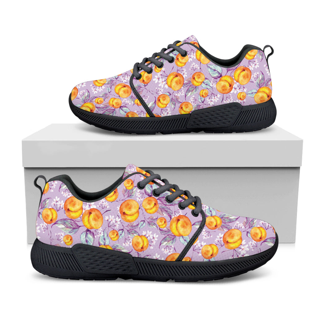 Watercolor Apricot Fruit Pattern Print Black Athletic Shoes