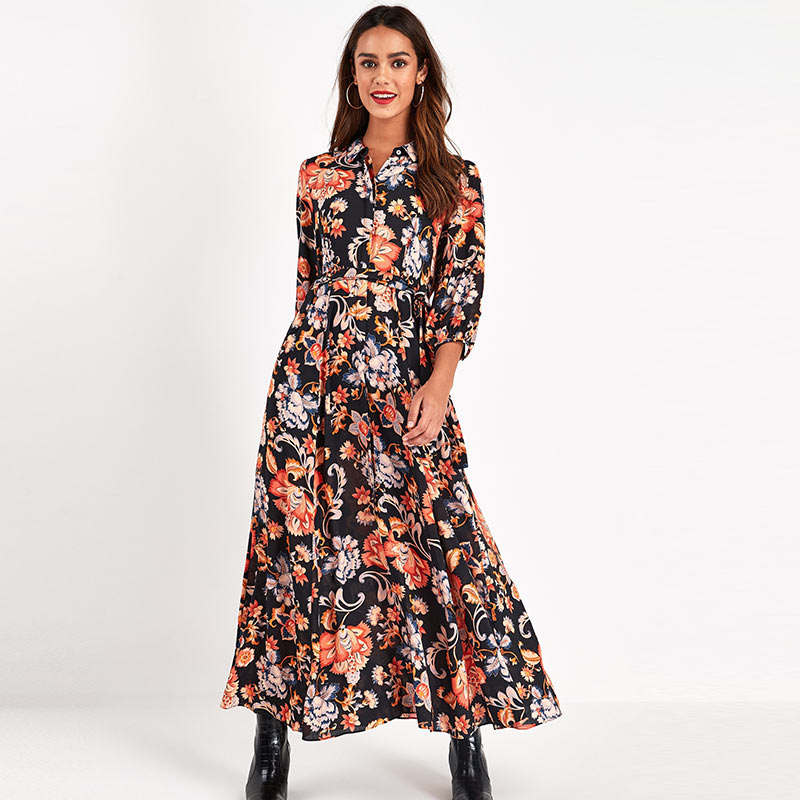 HiloRill Floral Print Long Maxi Dress Women Casual Turn Down Collar Shirt Dress Three Quarter Sleeve Bohemian Sashes Dresses alx