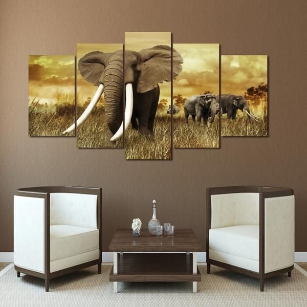 Elephants With Large Tusks Animal 5 Panel Canvas Art Wall Decor