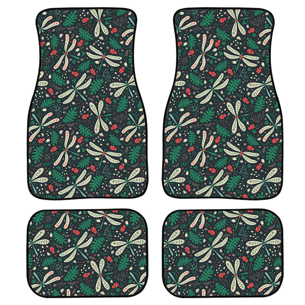 Christmas Floral Dragonfly Pattern Print Front And Back Car Floor Mats, Front Car Mat