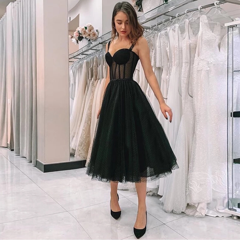 Black Polka Dot Tulle Short Prom Dresses Velour Tea Length Evening Gown 2022 Hot Sale Women Wedding Party Dresses alx