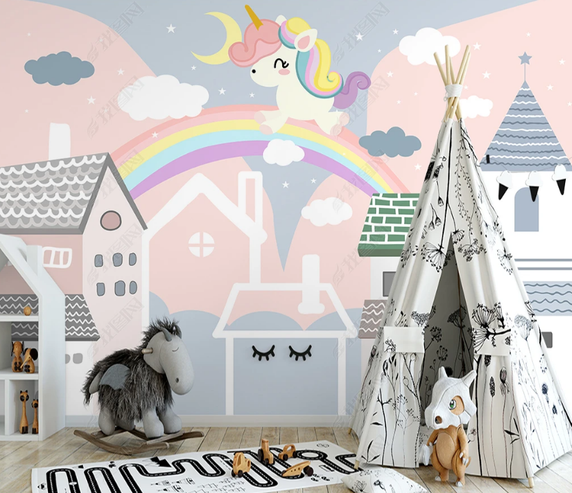 3D Cartoon Castle Rainbow Unicorn Wall Mural Wallpaper Lqh 16