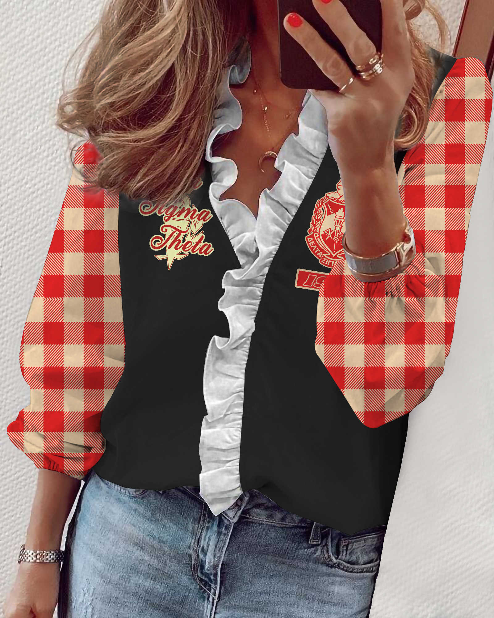 Delta Sigma Theta V-Neck Long Sleeve Lace Shirt 04