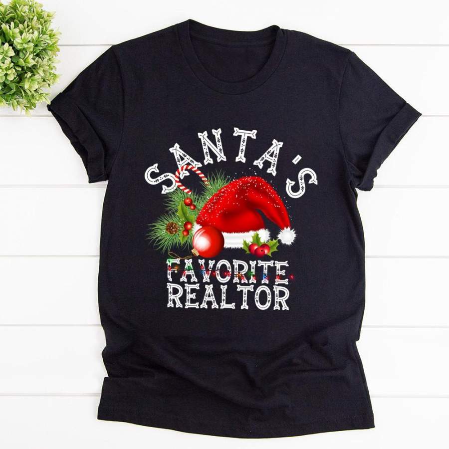 Christmas santa’s falorite realtor santa hat ornament candy cane black cotton t shirt for men and women S-6XL