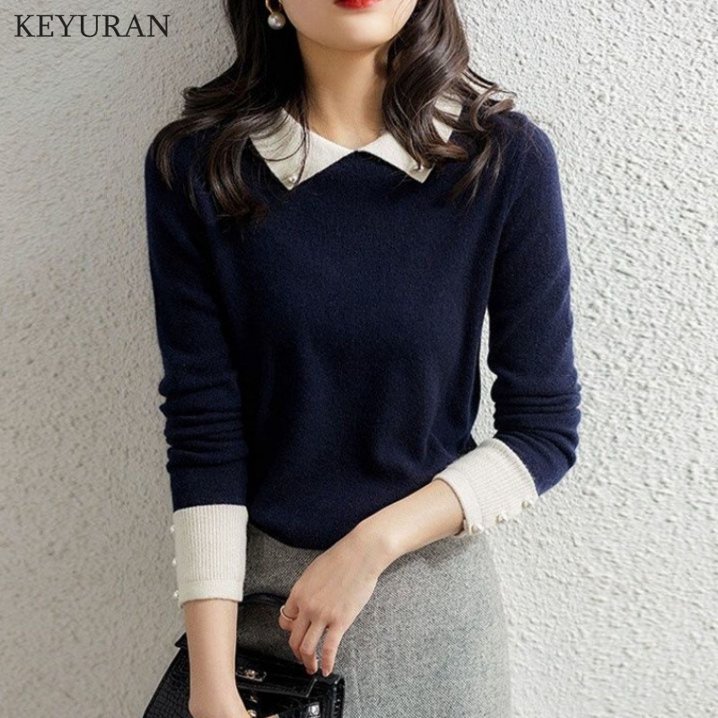 Women Knitted Sweater Pullover Autumn Korean Vintage Pearl Beading Turn-down Collar Long Sleeve Patchwork Sweater Jumper Female alx