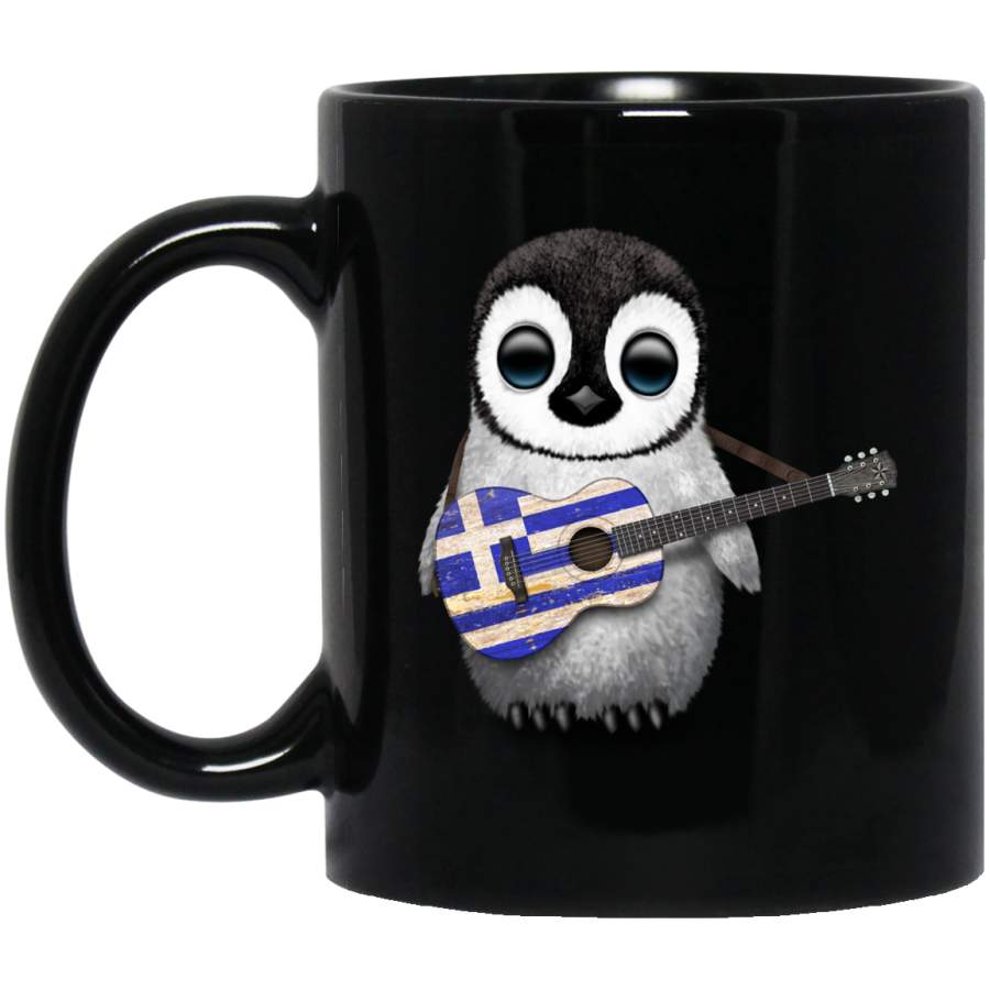 Baby Penguin Playing Greek Flag Guitar Mug 11 oz 15 oz Black Mug