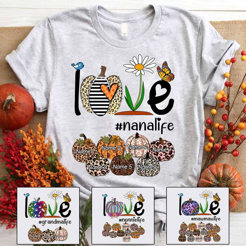 Personalized Love Nana Life Pumpkin Leopard Shirt, Grandma Nana Halloween Shirt, Custom Nana With Grandkids Name Shirt