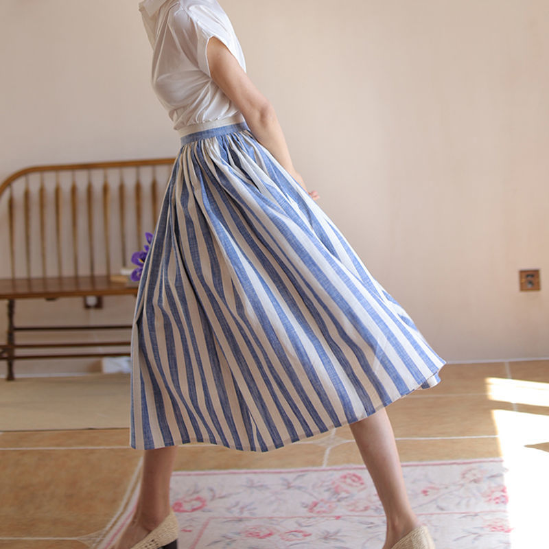 2022 Spring Summer High Waist Long Skirts Striped Women Elegant Chic A-Line Skirt Femme alx