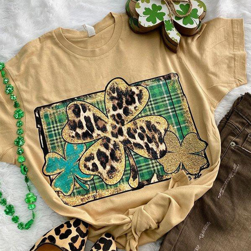 Bjaxx Lucky & Blessed Leopard Clovers Irish Front Print T-Shirt