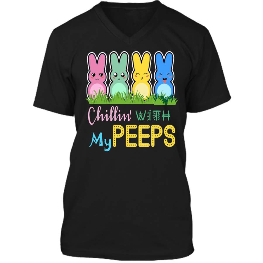 Chillin With My Peeps Easter Bunny T-Shirt April Fools Day Mens Printed V-Neck T