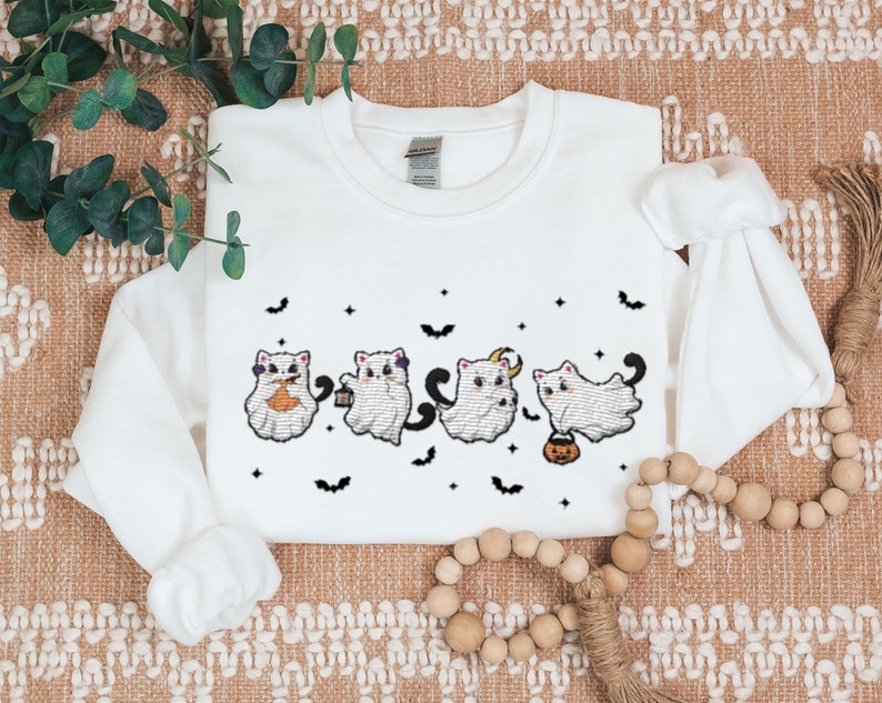 Cute Ghost Cat Halloween Embroidered Sweatshirt Crewneck Sweatshirt All Over Print Sweatshirt For Women Sweatshirt For Men Sws2748