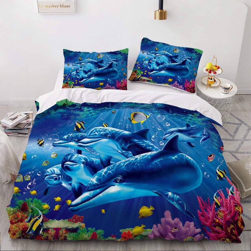 3D Bedding Sets Swimming Dolphins Blue Duvet Cover Set Bed Linen Pillowcase King Queen Full 203X230Cm Home Textile