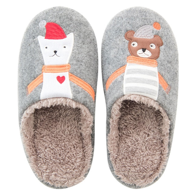 Microdeer Winter House Women Fur Slippers Soft Memory Foam Sole Cute Cartoon Fox Bear Bedroom Ladies Fluffy Slippers Couples Plush Shoes