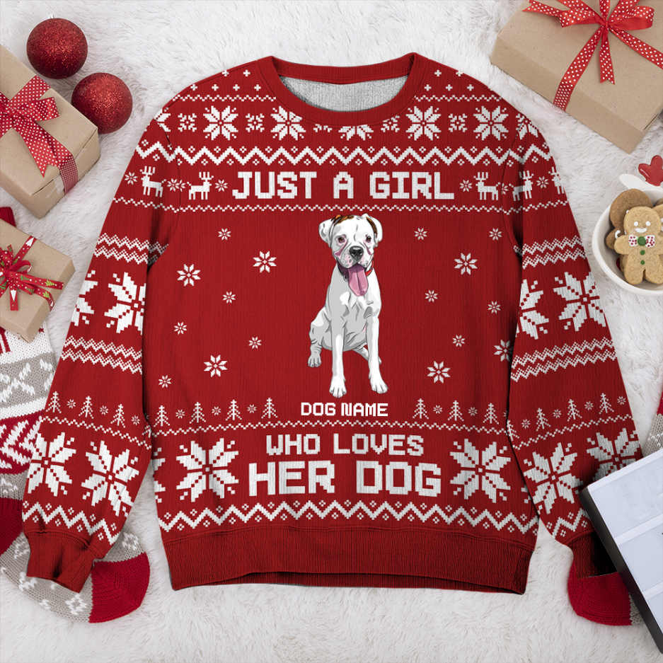 Boxer Just A Girl Personalized Sweater, Dog Ugly Christmas Sweater