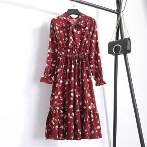 Women Casual Dress Korean Style Spring Summer Vintage Floral Printed Chiffon Shirt Dress Long Sleeve Bow Long Dress Women alx