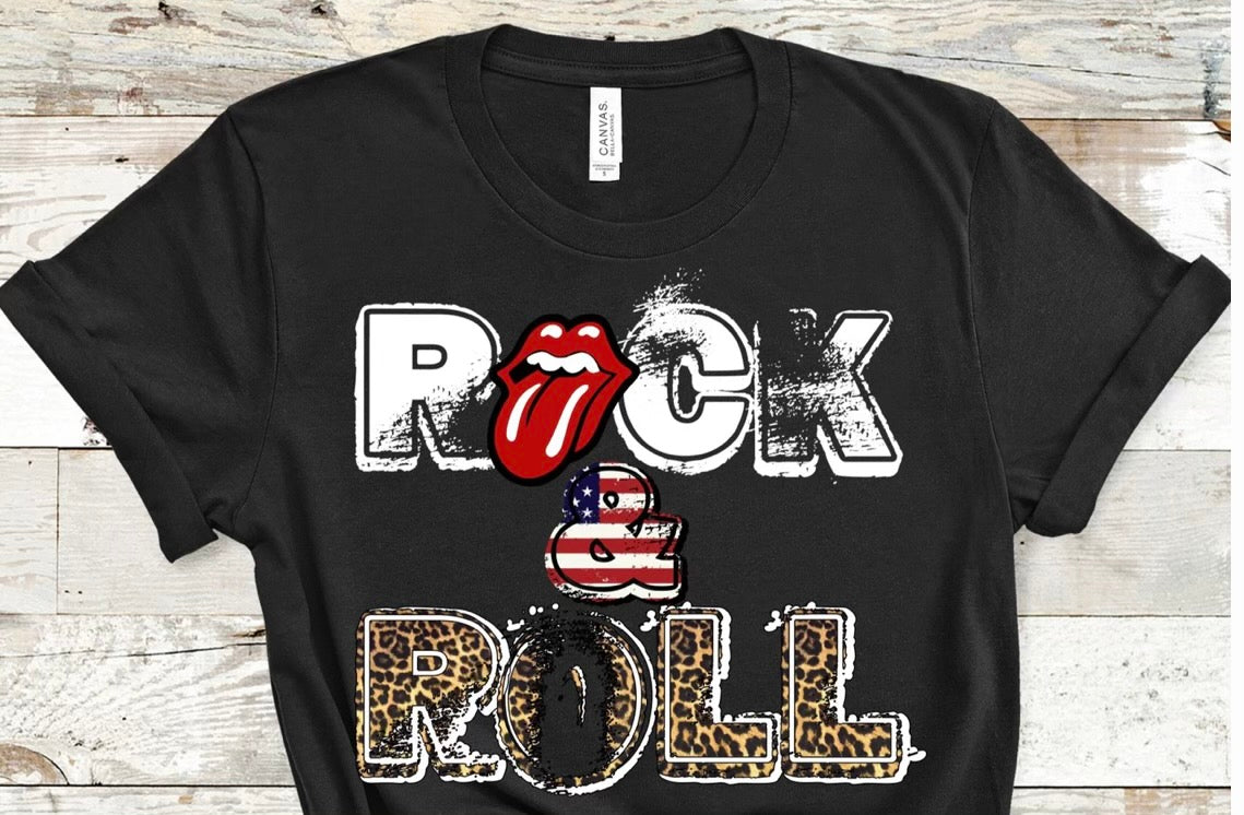 Rock & Roll. Leopard. Tongue. Flag. Graphic Tee Long Sleeve Crew Or Hoodie