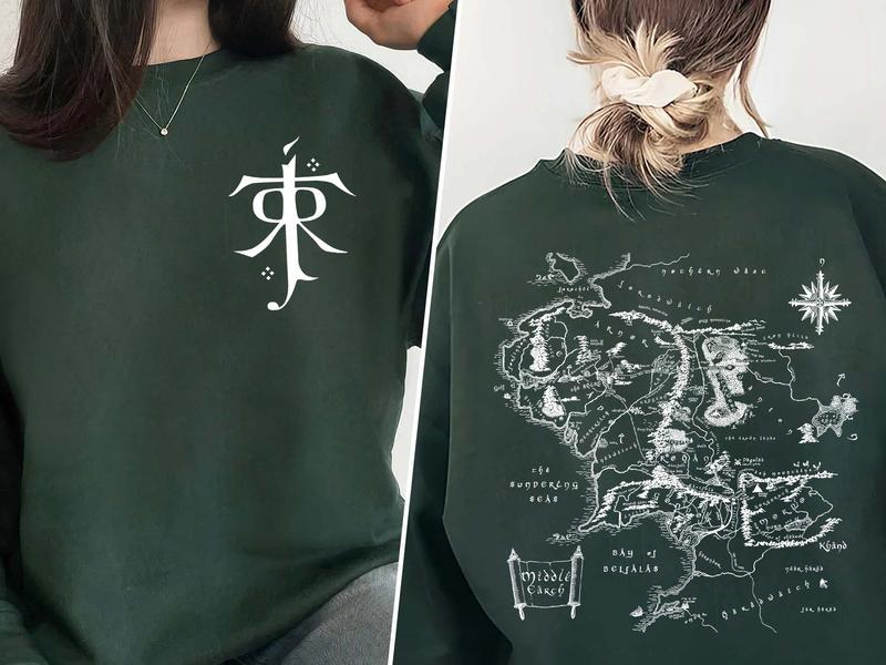 LOTR 2 Sided Sweatshirt, JRR Tolkien Pullover Hoodie, Lord of The Rings Merch, LOTR Sweater, Middle Earth Map Shirt Novel Booklish Tee Book Lover Gift