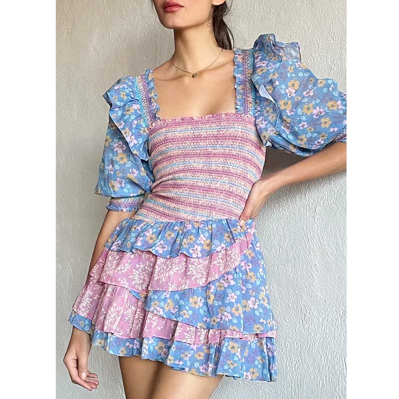 Boho Inspired mixed floral prints ruffled party dress puff sleeve square neck smocked sexy laides dress mini chic summer dress alx