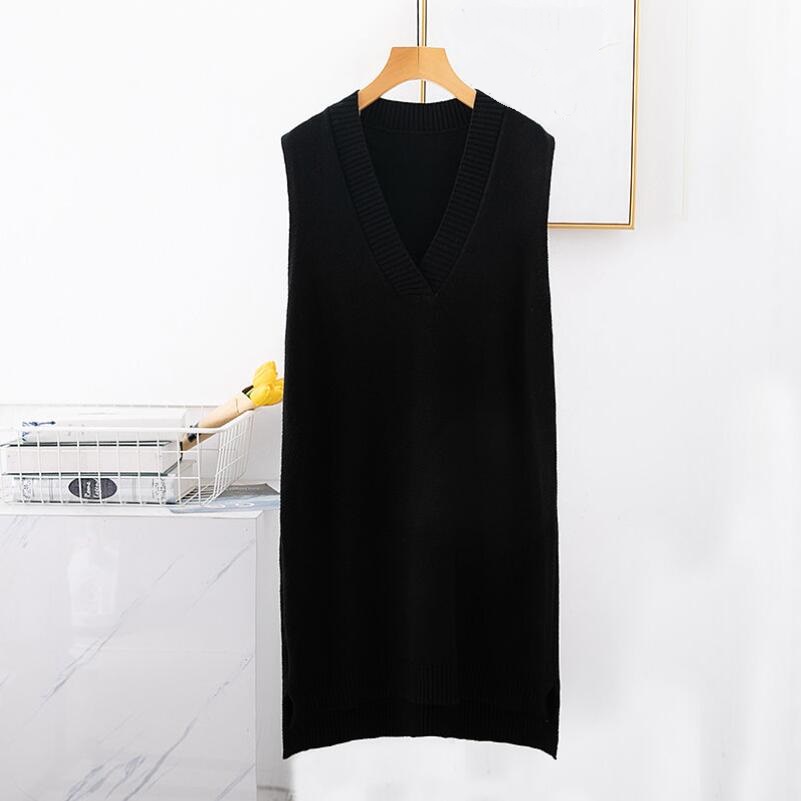 2021 Autumn Winter Loose Sleeveless Knitted Sweater Dress Women Long Vest Ladies V-Neck Pullovers Female Outerwear Pull Femme alx