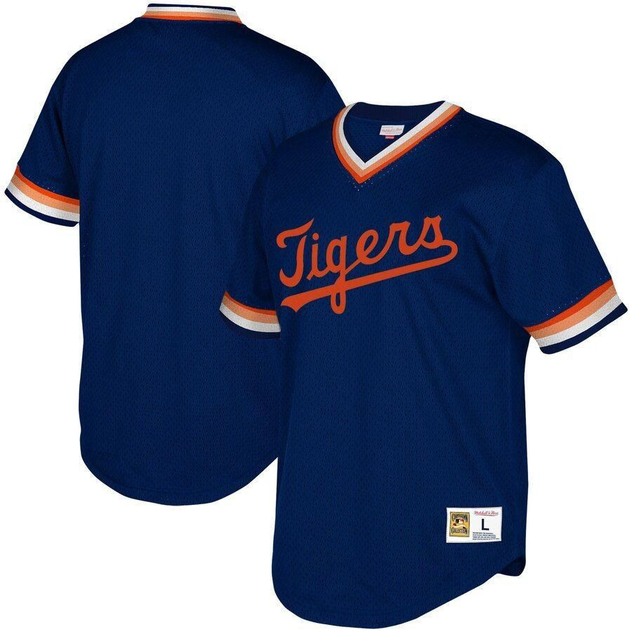 Detroit Tigers Mitchell Ness Cooperstown Collection Mesh Wordmark V-Neck Jersey Navy