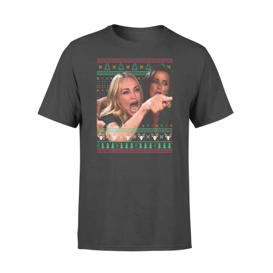 Woman Yelling At A Cat Ugly Christmas Sweater Funny Couple – Standard T-shirt