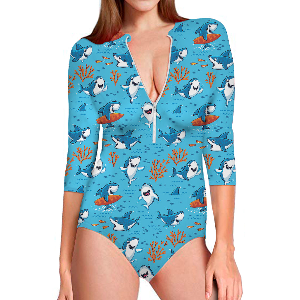 Cute Shark Pattern Print Long Sleeve One Piece Swimsuit