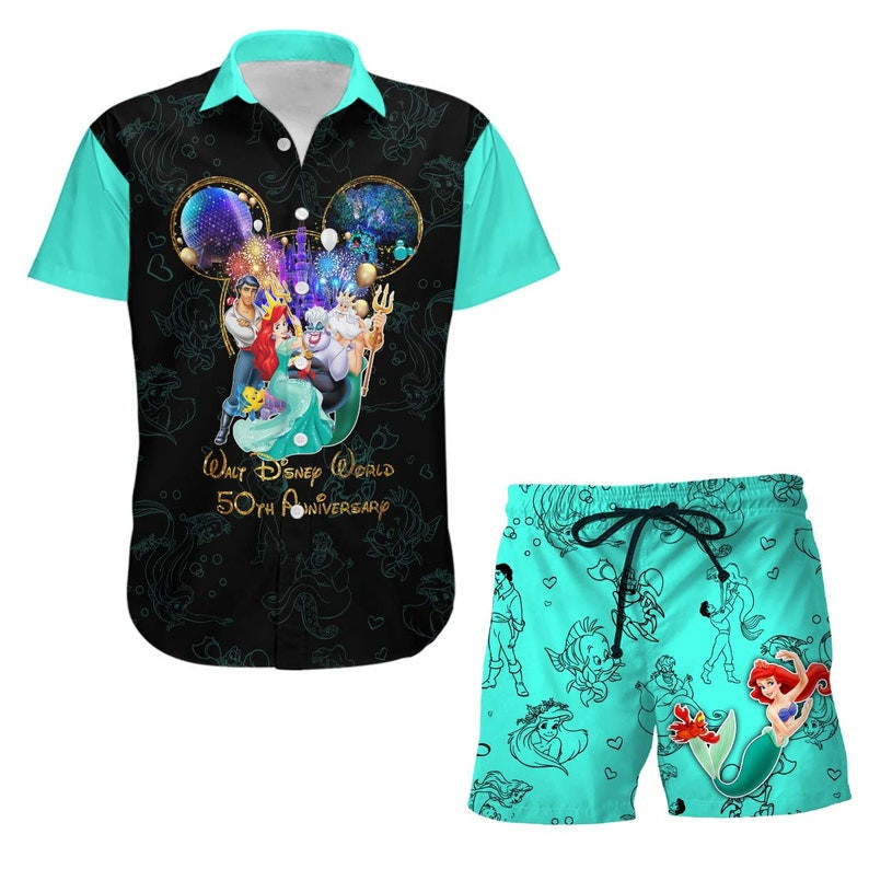 The Little Mermaid 50Th Anniversary Glitter Disney Castle All Over Print 3D Combo Hawaiian Shirt & Beach Shorts - Black Turquoise