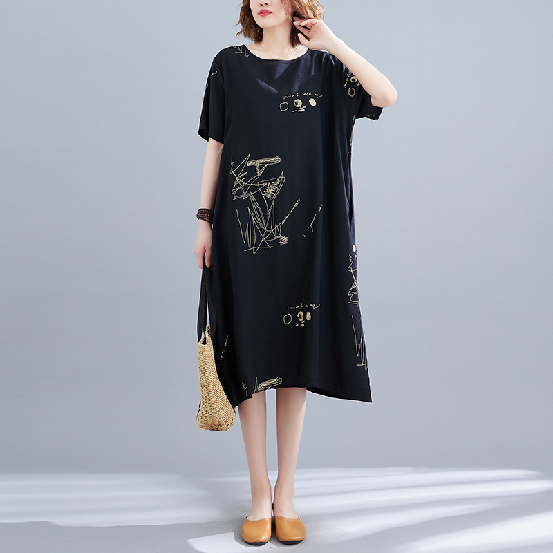 2022 New Arrival Tie Dye Print Thin Soft Loose Cozy Black Summer Dress Holiday Travel Casual Women Beach Style Dress alx