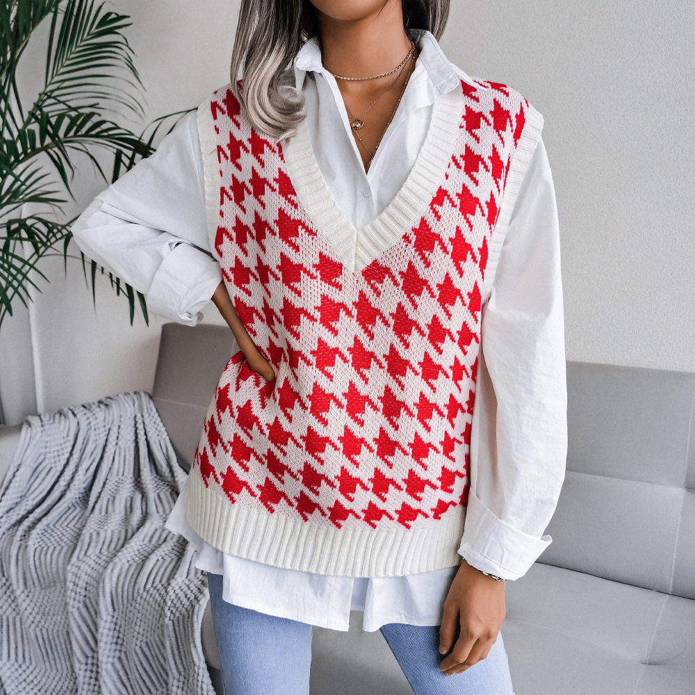 Yojoceli Houndstooth v neck women knitted sweater vests Autumn casual knitted vest Sleeveless female warm bird lattice pullover alx