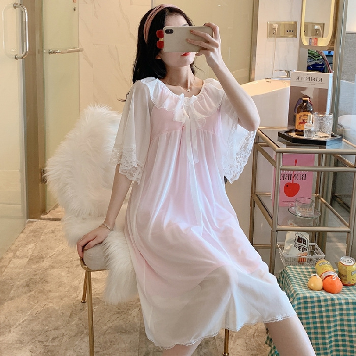 Women Nighty White Pink Vintage Nightgown Kawaii Lace Mesh Princess Sleepwear Loungewear Ladies Girl Peignoir Lolita Night Dress alx