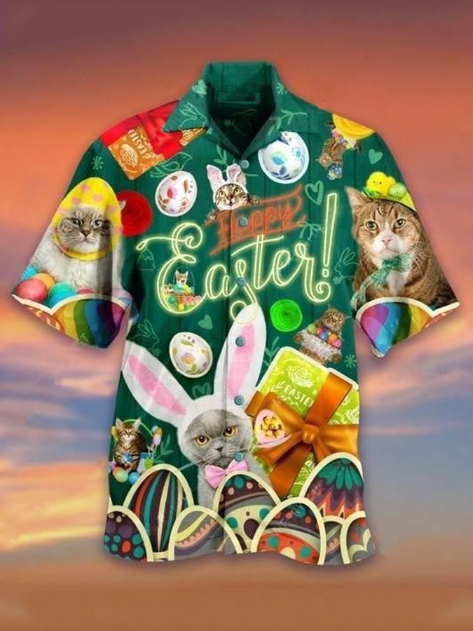 Men’S Funny Cats Easter Bunny Ears Blessings Short Sleeve Hawaiian Shirt