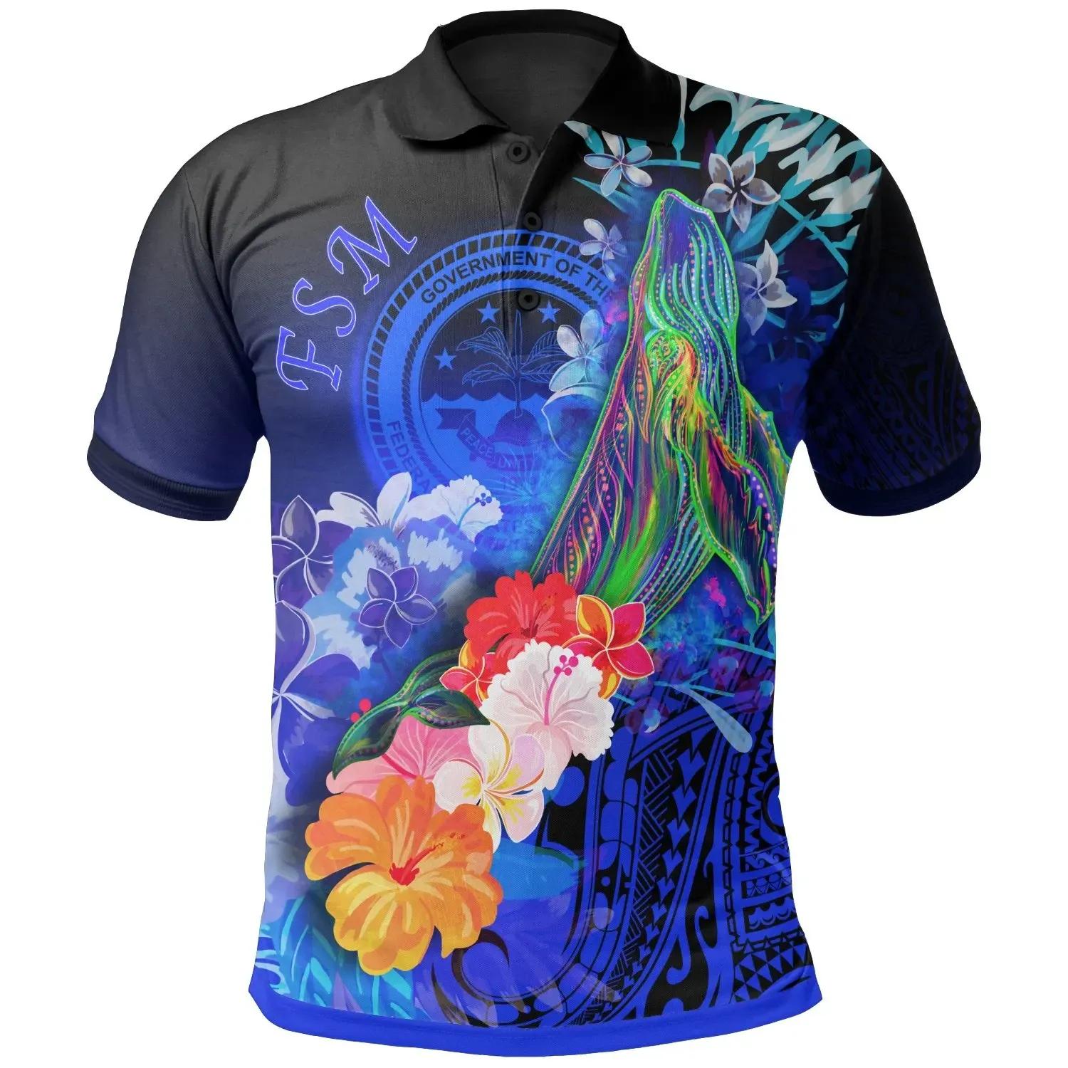 Fsm Polo Shirt – Humpback Whale With Tropical Flowers (Blue)- Bn18