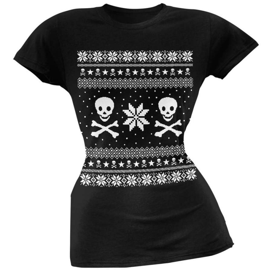 Skull & Crossbones Ugly Christmas Sweater Black Juniors T-Shirt