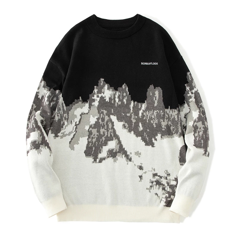 Vintage Knitted Sweater Men Streetwear Snow Mountain Print Sweaters Mens Cotton Harajuku Hip Hop Loose Padded Pullover Women alx