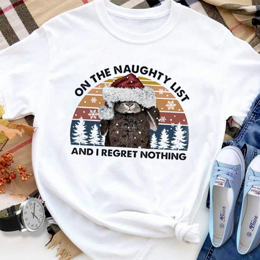 Rabbit merry christmas naughty list i regret nothing santa hat snowflakes white cotton t shirt for men and women S-6XL