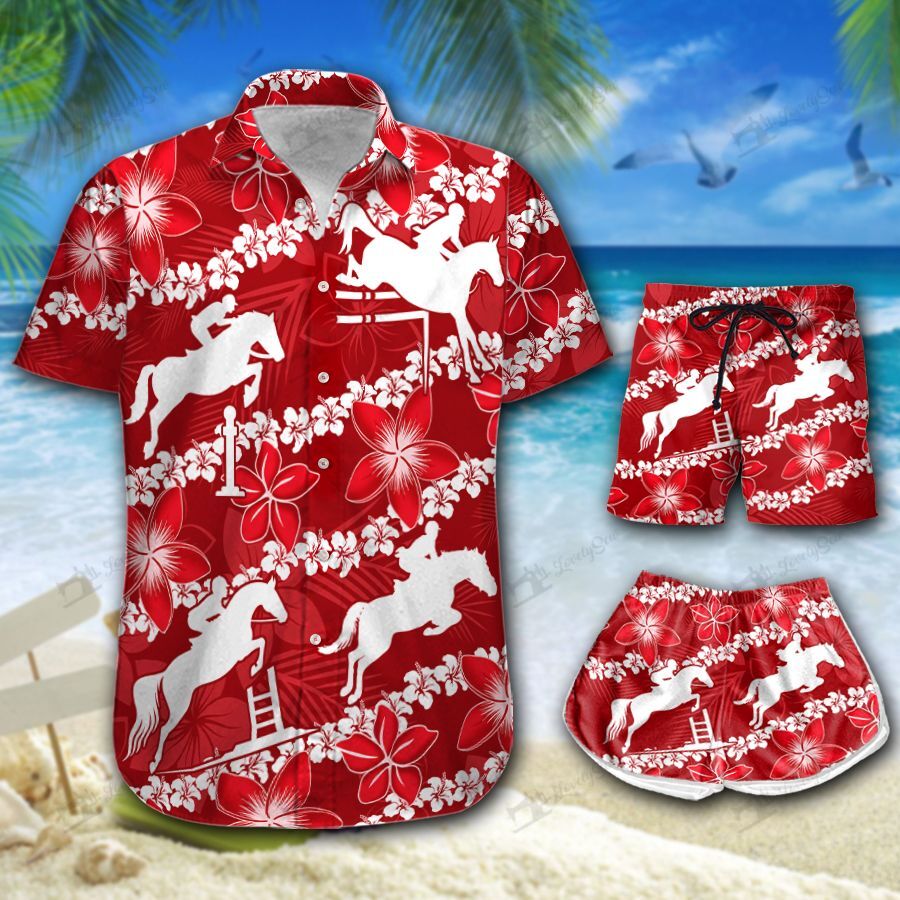 Show Jumping Horse Line Hawaiian Shirt Shorts Ha68996