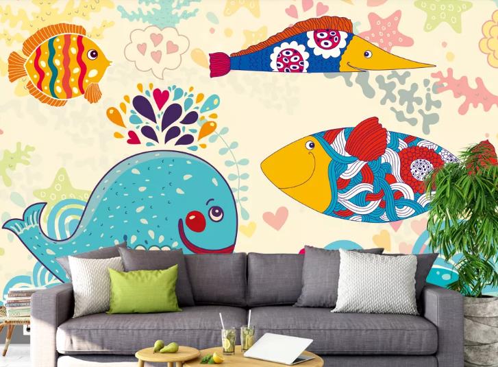 3D Hand Drawn Colored Dolphin Fish Wall Mural Wallpaper Lqh 616