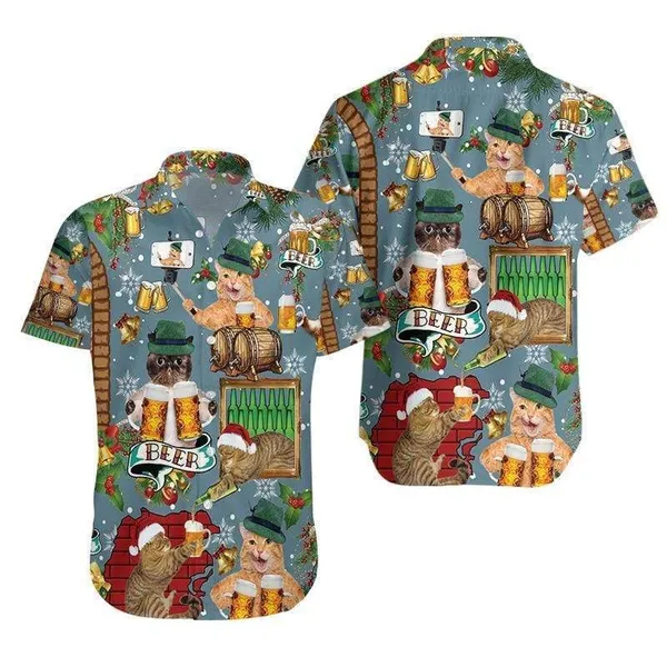 Cat Drinking Beer Merry Christmas Hawaiian Shirt – For Men And Women