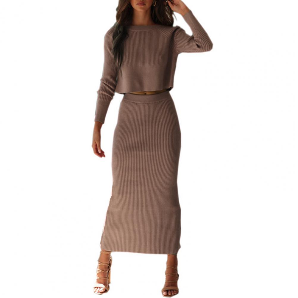 2Pcs/Set Round Neck Pullover Sweater Skirt Suits High Waist Rear Split Hem Stretchy Women Crop Top Bodycon Midi Skirt for Dating alx