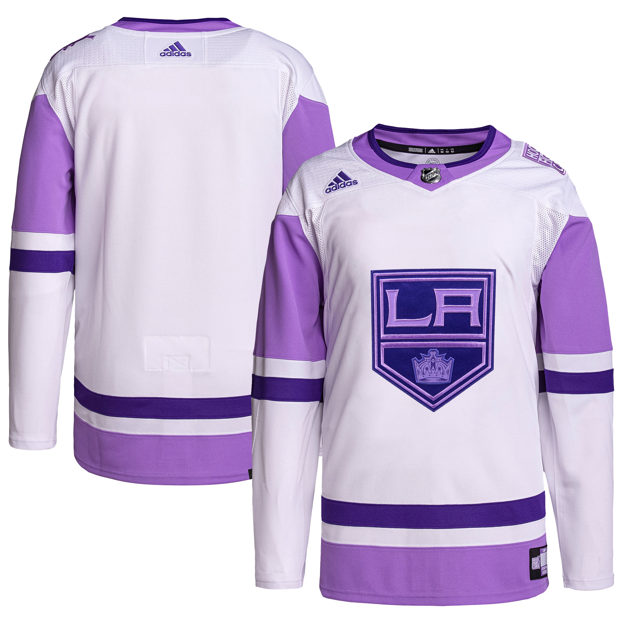 Men's Los Angeles Kings adidas White/Purple Hockey Fights Cancer Primegreen Authentic Blank Practice Jersey