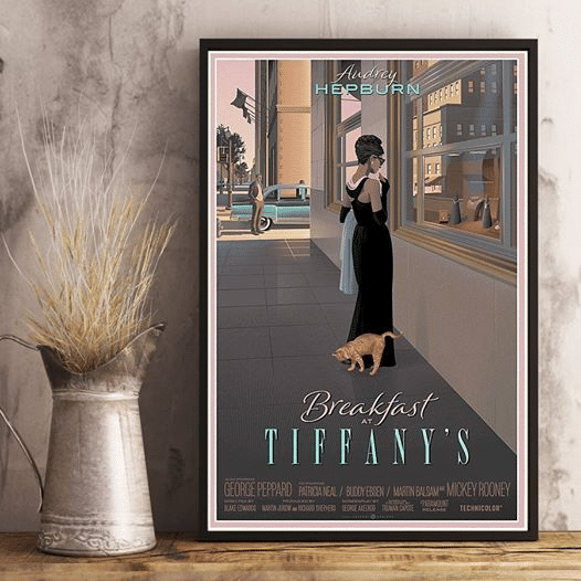 Breakfast at tiffany’s audrey hepburn estate cats lover black queen Home Living Room Wall Decor Vertical Poster Canvas G95