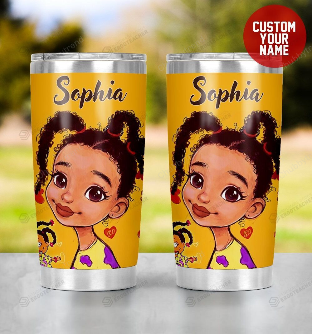 Personalized Little Black Girls Braided Hairstyle Yellow Stainless Steel Tumbler, Tumbler Cups For Coffee/Tea, Great Customized Gifts For Birthday Christmas Thanksgiving