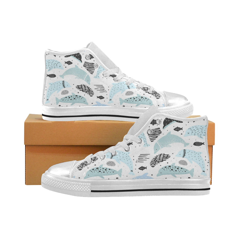 Cute Dolphins Childish Style Pattern Women’S High Top Canvas Shoes White Gift For Men Women